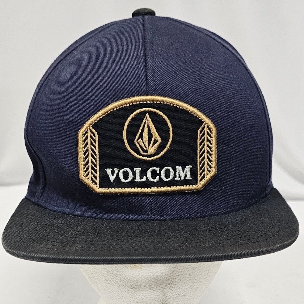 Volcom Snapback Hat Navy Blue Black Flat Brim Embroidered Patch OS Adjustable